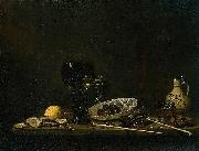 Jan van de Velde Still life with wineglass, flute glass, earthenware jug and pipes Sweden oil painting artist